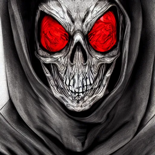 Image similar to a dark robed skeletal figure, with face covered by a hood, behind zombies, with swirling red magic, hd, digital art, photorealistic, by anson maddocks