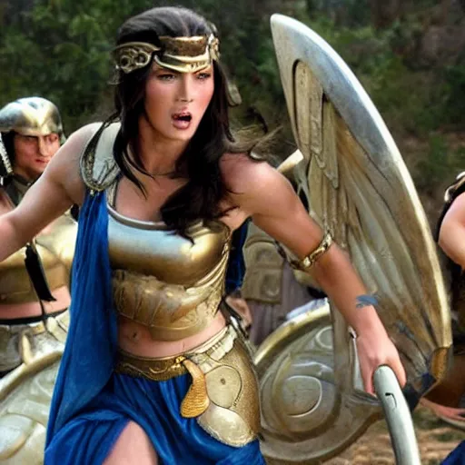 Prompt: the greek goddess athena in battle, scene from live action movie, starring megan fox