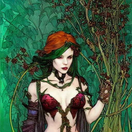 Image similar to a beautiful painting of poison ivy as a cyberpunk time traveler, dark eyeliner, intricate, elegant, highly detailed, digital painting, artstation, concept art, matte, sharp focus, illustration, art by rebecca guay and by arthur rackham and by alphonse mucha and by john william waterhouse