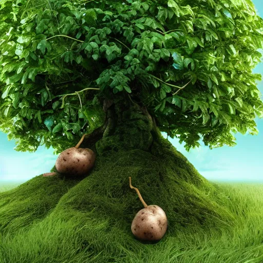 Image similar to a bag of potatoes with a magical tree growing out of it