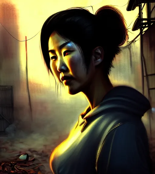 Image similar to fallout 5, charismatic beautiful rugged asian female protagonist, portrait, outdoors in a dilapidated tokyo back alley, atmospheric lighting, painted, intricate, volumetric lighting, daytime, autumn, fog, sharp focus, ultra detailed, art by william turner