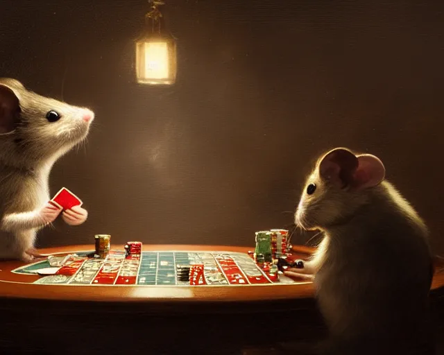 Image similar to 5 5 mm portrait photo of mouse playing poker. magical atmosphere. art by greg rutkowski. highly detailed 8 k. intricate. lifelike. soft light. nikon d 8 5 0.