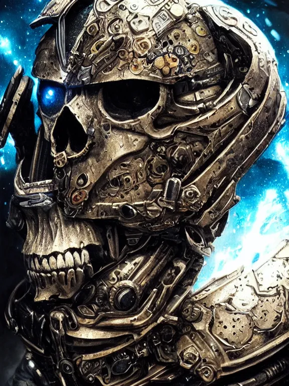 Image similar to portrait art of 8k ultra realistic space marine skull , ornate intricate smashed galaxy helmet , detailed intricate ornate armour,blade runner, cybernetic, full of colour, cinematic lighting, battered, trending on artstation, 4k, hyperrealistic, focused, extreme details,unreal engine 5, cinematic, masterpiece, art by ayami kojima, giger