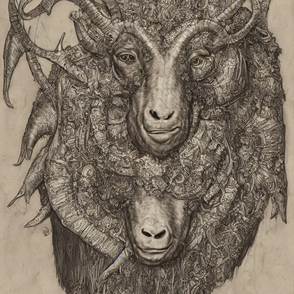 Prompt: beautiful ceremonial bilaterally symmetrical goat mask, fibonacci flow, acroteria, encarpus, shield emblem, large medium and small elements, by russ abbott, albrecht durer, artgerm, rutkowski