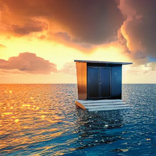 Prompt: a public bathroom stall floating in the middle of the ocean, sunset, beautiful, ultra realistic digital art, 4k, cgsociety, HDR, Intricate