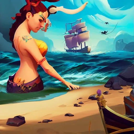 Image similar to painting mermaid treasure on sea of thieves game avatar hero smooth face median photoshop filter cutout vector, behance hd by jesper ejsing, by rhads, makoto shinkai and lois van baarle, ilya kuvshinov, rossdraws global illumination