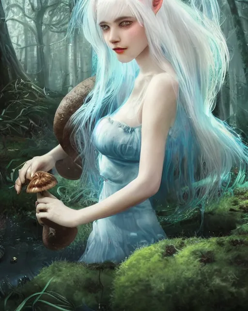 Image similar to girl with white hair and mushroom dress, fantasy swamp, bizarre, illustration, scifi, radiant, beautiful, atmosphere, harmony, top lighting, blue eyes, focused, perfect composition, artstation, highly detailed, art by yuhong ding and chengwei pan and serafleur and ina wong