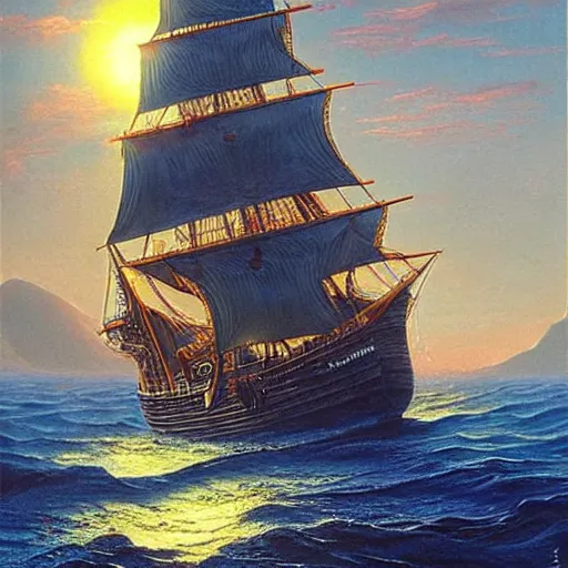 Image similar to A pirate on the high seas that has magical pearlescent shimmering see through sails, painting by David A Hardy