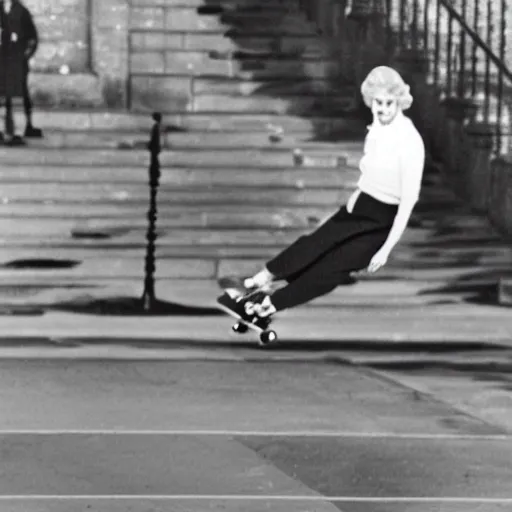 Image similar to queen elisabeth ii doing a kickflip on a skateboard