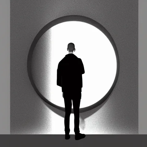 Prompt: man staring into a portal, trending on artstation, black and white