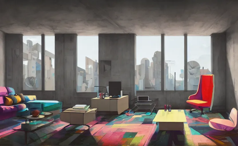 Image similar to Interior shot of a futuristic brutalist studio apartment with computers and colourful furniture by Petros Afshar and Beeple, James Gilleard, Mark Ryden, Wolfgang Lettl highly detailed