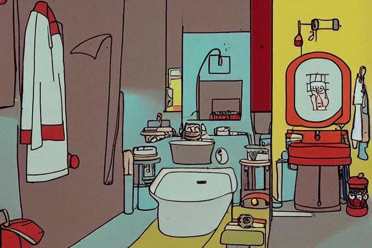 Prompt: modern bathroom, style of studio ghibli + moebius + basquiat, cute,