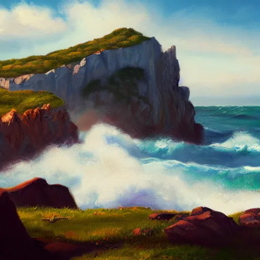 Image similar to ranch by a windy ocean cliff aesthetic, oil painting, pale colors, high detail, 8 k, wide angle, trending on artstation,