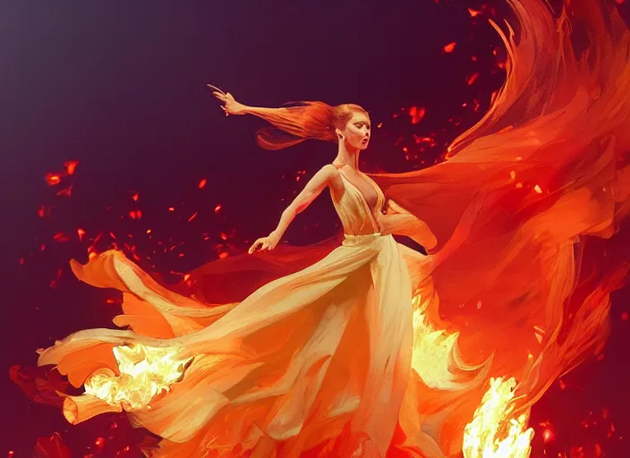 Image similar to a dancer wearing a flowing gown, engulfed in a whirling fire tornado firestorm, emitting smoke and sparks, fantasy, cinematic, fine details by realistic shaded lighting poster by ilya kuvshinov katsuhiro otomo, magali villeneuve, artgerm, jeremy lipkin and michael garmash and rob rey