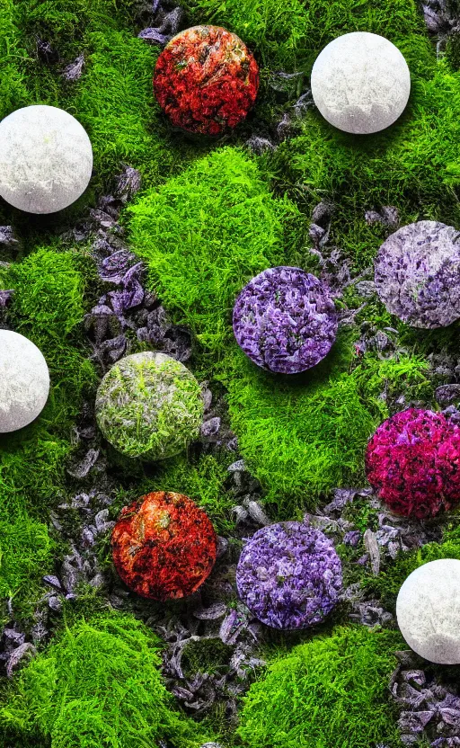 Image similar to the inside of a trash bag decorated with moss and flowers and illuminated by glowing orbs, octane render, abstract, unorthodox, 4k, desktop wallpaper, raytracing