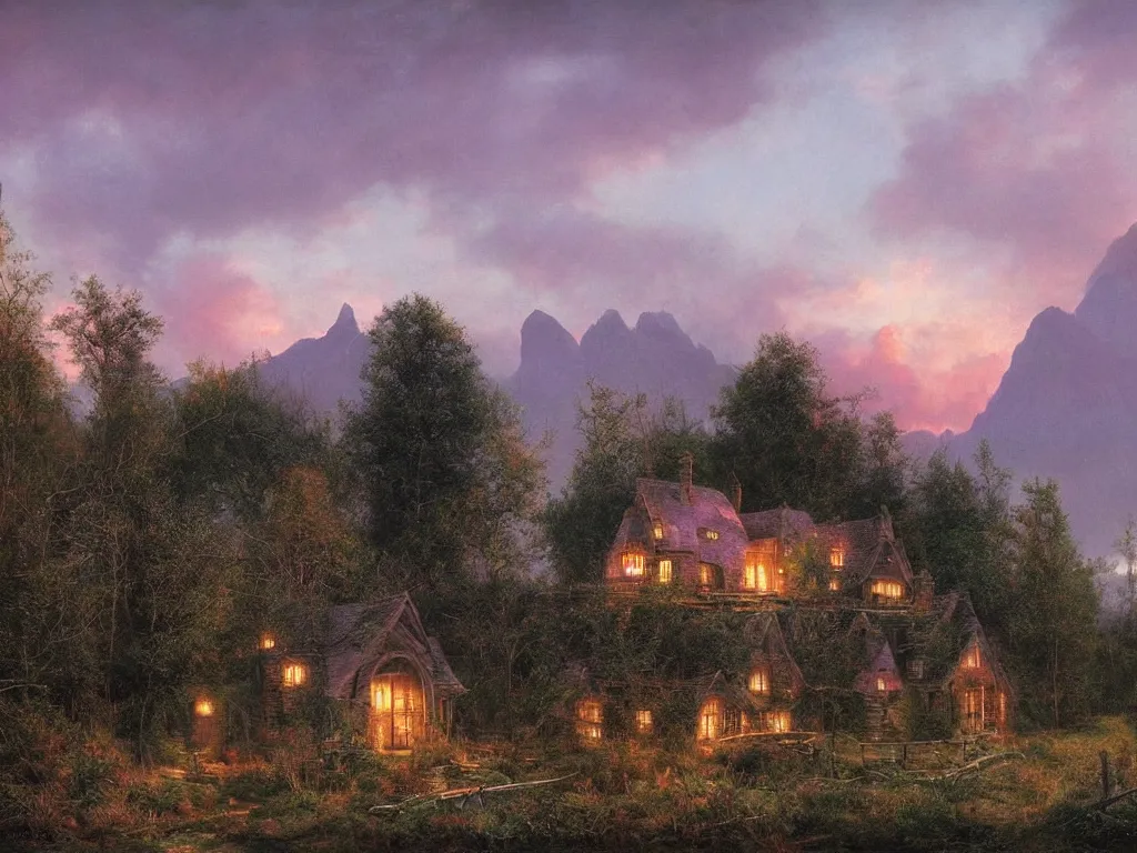 Image similar to a gorgous witchhouse in a woodland with lighted windows, mountains in background, evening mood, pink clouds in the sky, by clive madgwick