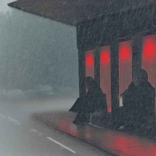 Prompt: lumpy swollen miserable man sitting at a bus stop in the rain, red lighting, atmospheric, realistic