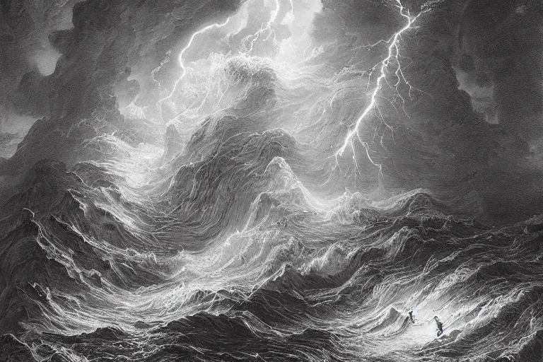 Prompt: highly detailed big open book, open book page, don quixote left the book, symmetrical face, magical, roman myth, masterpiece, crashing waves, lightning, highly detailed painting by gustave dore