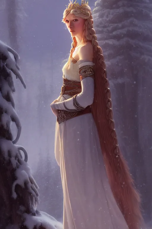 Image similar to nostalgia for a fairytale, nordic, ice, medieval maiden, long hair, tall and thin, illustration, dramatic lighting, soft details, painting, art nouveau, octane render, 8 k, hd, by edmund blair leighton, brom, charlie bowater, faces by otto schmidt