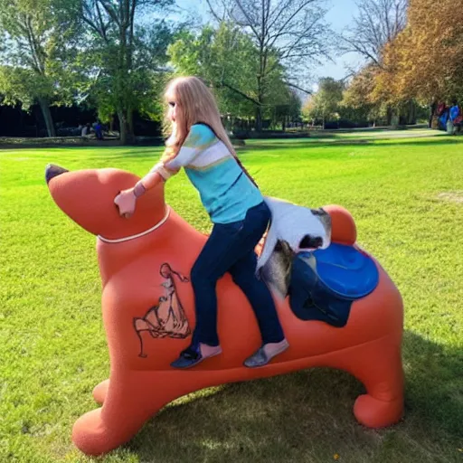 Prompt: girl riding a giant schanuzer dog at the park