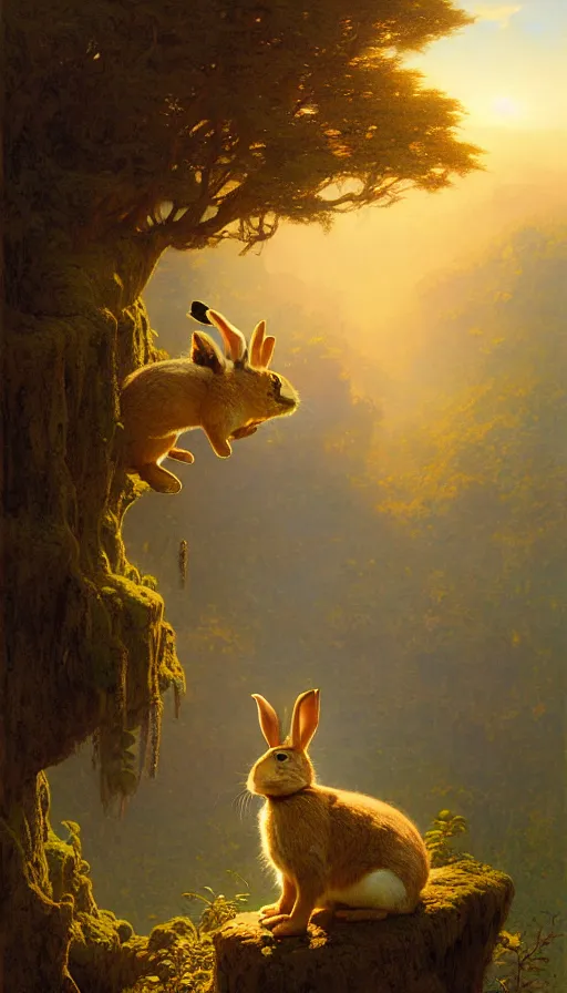 Image similar to rabbit looking off of a cliff, sun setting behind rabbit, lush forest in valley below, painted by tom bagshaw, james gurney, gaston bussiere, craig mullins, j. c. leyendecker 8 k