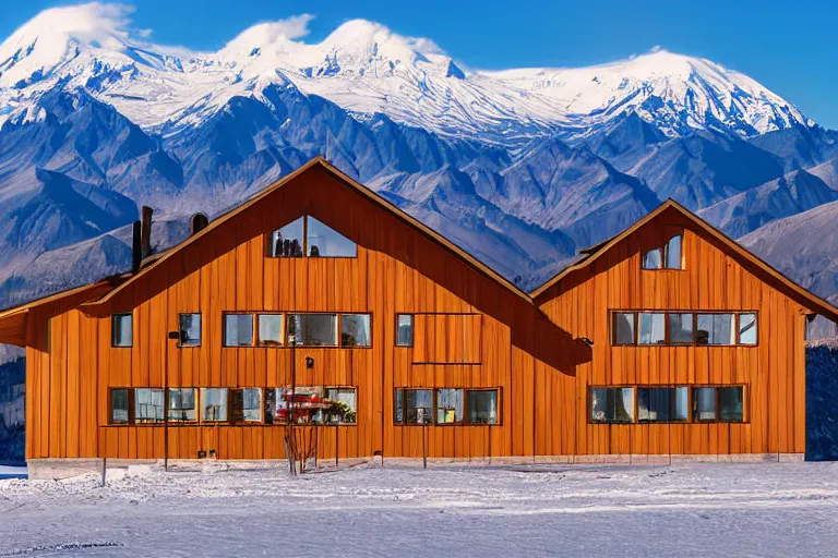 Prompt: architecture photo modern fachwerk wooden school with Elbrus mountain on the background, architecture, photorealism 8k , shining and happy atmosphere, uplight, high details