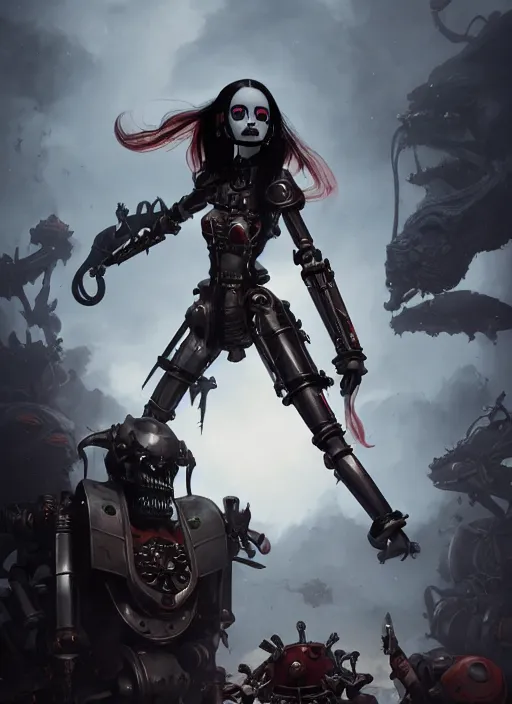 Image similar to hyper realistic photography of heroic warhammer machine robotic android girl, wednesday addams, cinematic, chaos marine, artstation, cgsociety, full body greg rutkowski, james gurney, mignola, craig mullins, brom redshift, vray, octane