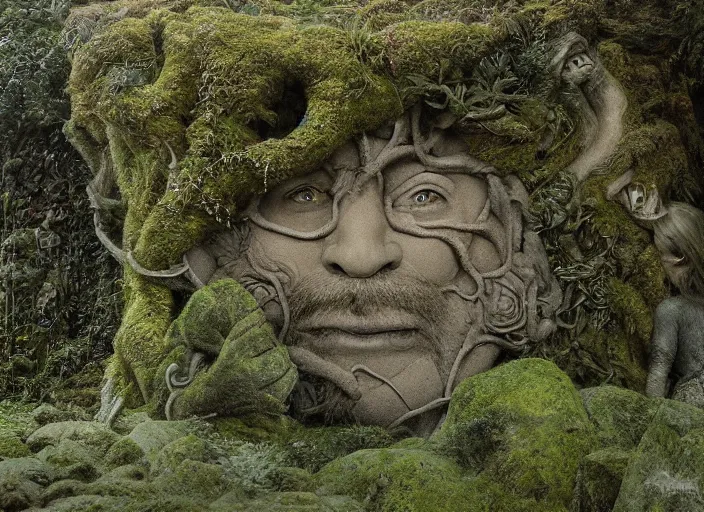 Image similar to jim henson's labyrinth. carved stone overgrown with moss. stonewalls creatures, plants, and social situations will be easier. by edgar maxence and caravaggio and michael whelan and delacroix style, artistic, intricate painting, cinematic lighting, hyper realistic, extremely detailed, 8 k resolution, establishing shot, dramatic lighting