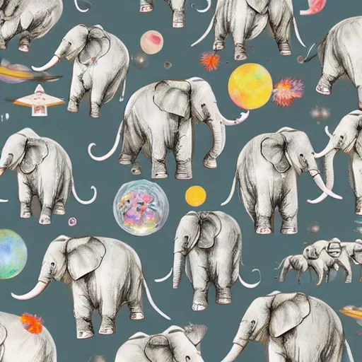 Prompt: ultra realistic porcelain elephants flying through space, floral, beautiful, colorful, cute, adorable, vibrant, nebula, universe