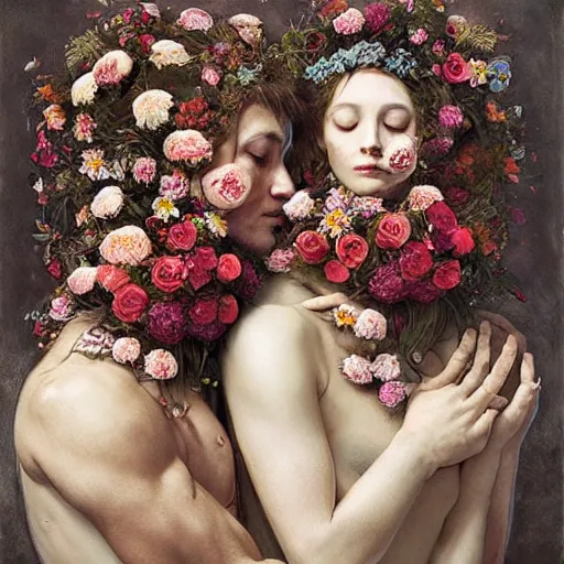 Prompt: two bodies entwined, covered by flowers, by arcimboldo, greg rutkowski