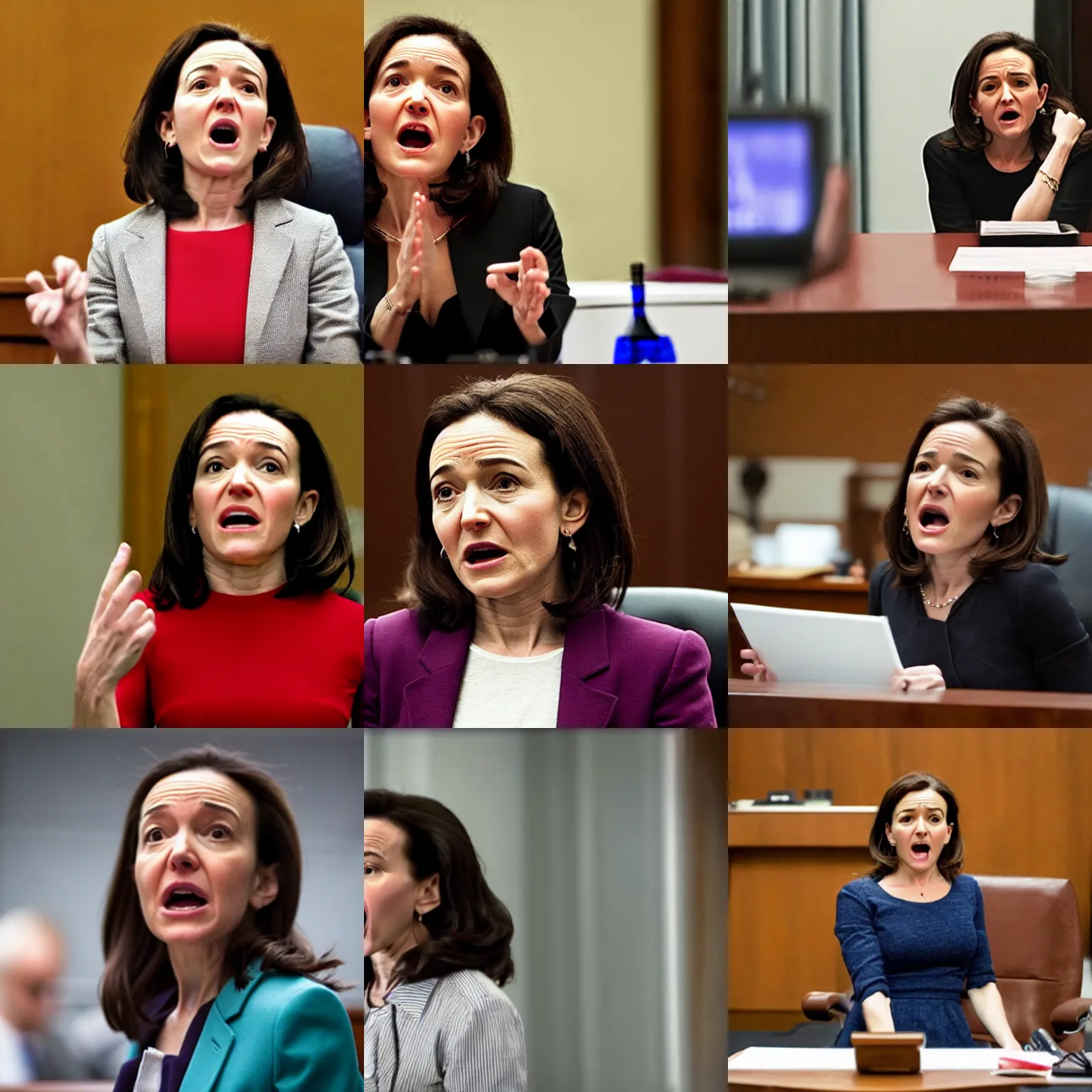 Image similar to Movie still of a furious, screaming Sheryl Sandberg testifying in court in Facebook The Movie (2017), directed by Steven Spielberg