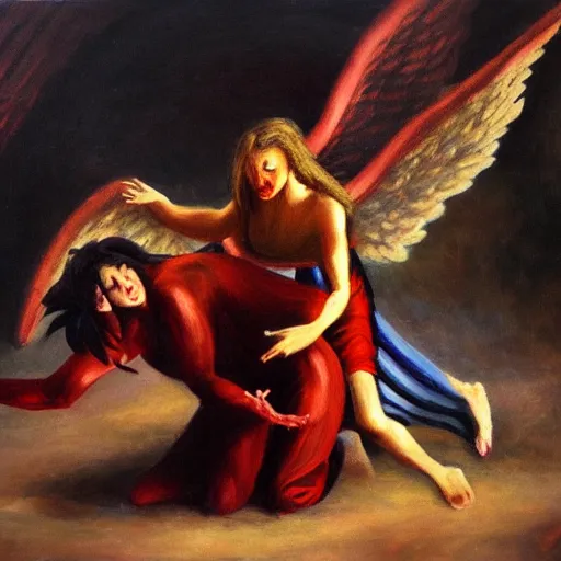 Image similar to A demon being stepped on by an angel, oil painting