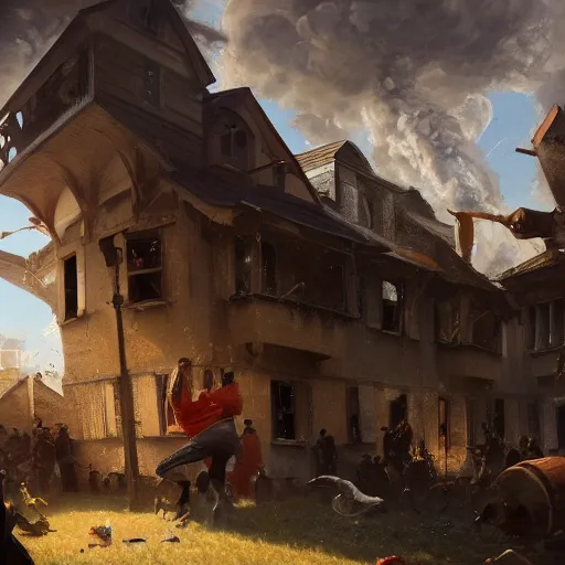 Image similar to a highly detailed oil painting of a giant dog smashing houses, bystanders watching from the sides, 4 k, by greg rutkowski, artstation,