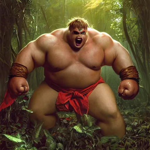 Prompt: chris farley as blanka from street fighter, squatting, ultra realistic, concept art, intricate details, eerie, highly detailed, photorealistic, octane render, 8 k, unreal engine. art by artgerm and greg rutkowski and magali villeneuve and alphonse mucha