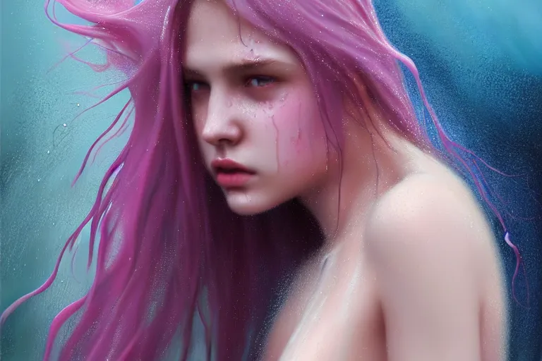 Prompt: girl flying freely in pastel rain with wet hair and face, splash, fantasy, captivating dynamic facial expression, intricate, elegant, dramatic lighting, emotionally evoking symbolic metaphor, highly detailed, lifelike, photorealistic, digital painting, artstation, concept art, smooth, sharp focus, illustration, art by John Collier and Albert Aublet and Krenz Cushart and Artem Demura and Alphonse Mucha