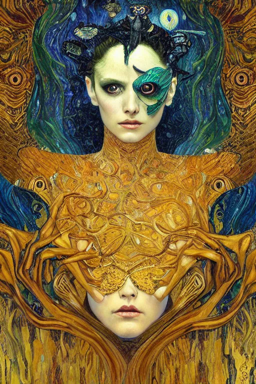 Image similar to Metamorphosis by Karol Bak, Jean Deville, Gustav Klimt, and Vincent Van Gogh, transformation portrait, chimera, visionary, cicada wings, otherworldly, fractal structures, ornate gilded medieval icon, third eye, chrysalis, spirals, horizontal symmetry