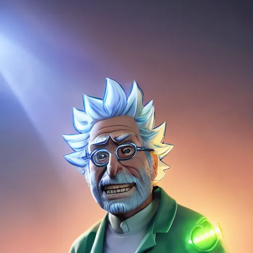 Image similar to portrait of old shaved rick sanchez, lab coat and tee shirt, lens flare, atmosphere, glow, detailed, intricate, full of colour, cinematic lighting, trending on artstation, 4 k, hyperrealistic, focused, extreme details, unreal engine 5, cinematic, masterpiece