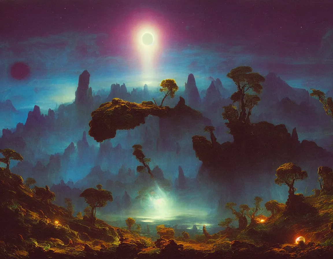 Image similar to trippy alien planet with blue bioluminescent flora at night, concept art by albert biertadt, thomas cole, frederic edwin church, hudson river school, majestic, awe - inspiring, breathtaking