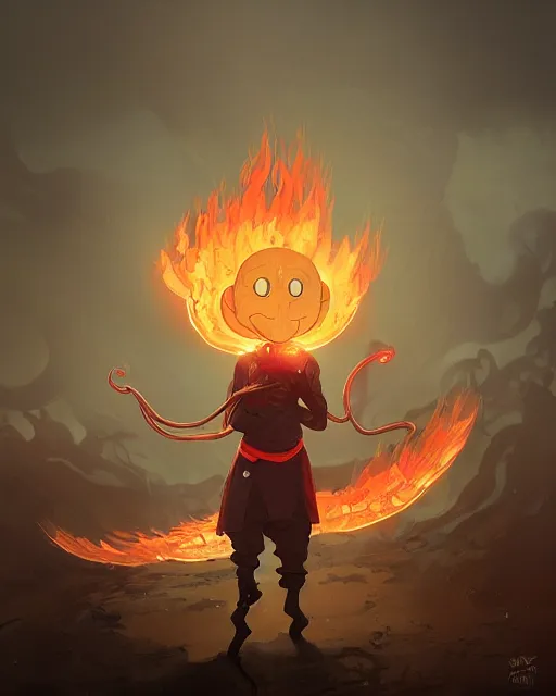 Image similar to tentacled squidward wearing fire nation clothing and practicing firebending outside at susnset, [ greg rutkowski ]