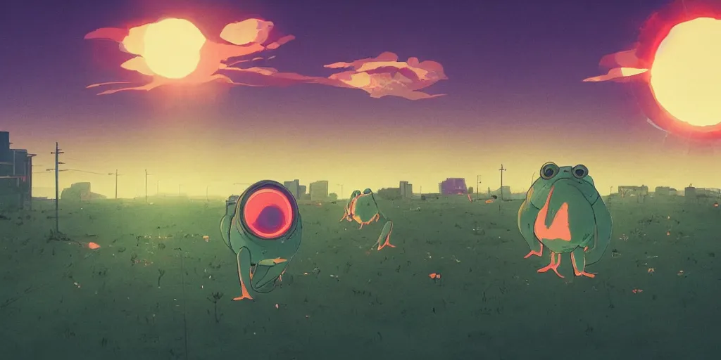 Prompt: Portrait using the Rule of Thirds, focusing on an alien frog invasion, the sun is exploding, Portrait, Very Cloudy Sky, Sun, Neon Lights, Rule of Thirds, perspective, Retrofuturism, Studio Ghibli, Simon Stålenhag