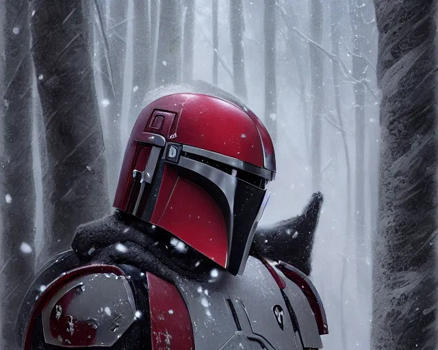 Image similar to a mandalorian with a red and grey helmet facing a long dark haired man, from side view close up, in a snowy forest setting, hard edges concept art, highly detailed, great cinematic lighting, 8 k, depth of field, 3 d, art by greg rutkowski, trending on artstation, cinematographic shot