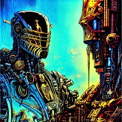 Image similar to cyberpunk knight, atmospheric lighting, painted, intricate, golden hour, ultra detailed by philippe druillet