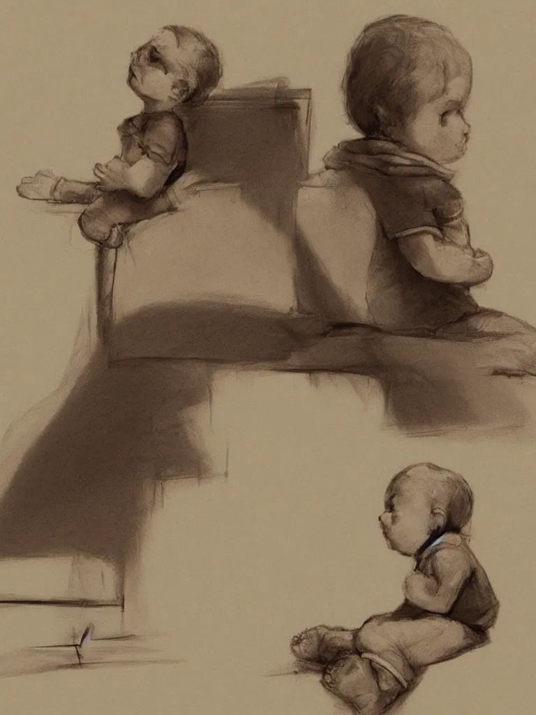 Image similar to sketch of child sitting, by disney concept artists, blunt borders, rule of thirds, beautiful light