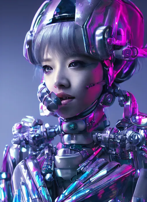 Image similar to a highly detailed portrait of a kpop idol mecha girls in spiked cyberpunk bioarmor trending on artstation by yoshitake amano, cyberpunk light, holographic undertones, 3 d cg, octane rendered, futuristic, 2 k aesthetic, dramatic lighting, 4 k, highly saturated colors