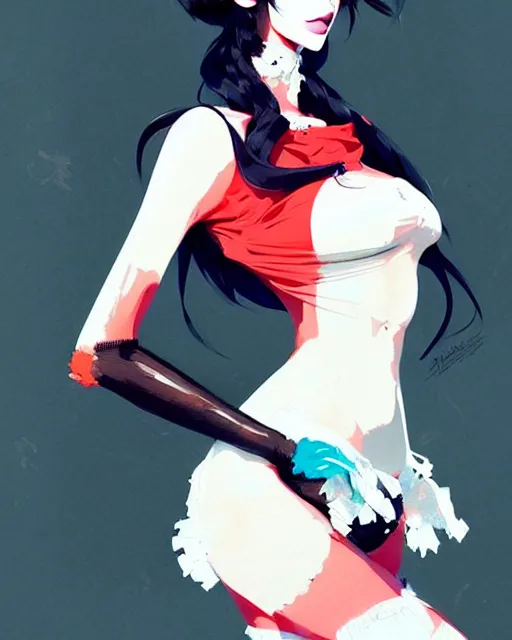 Image similar to a ultradetailed portrait painting of a stylish woman wearing french maid outfit, by conrad roset, greg rutkowski and makoto shinkai trending on artstation