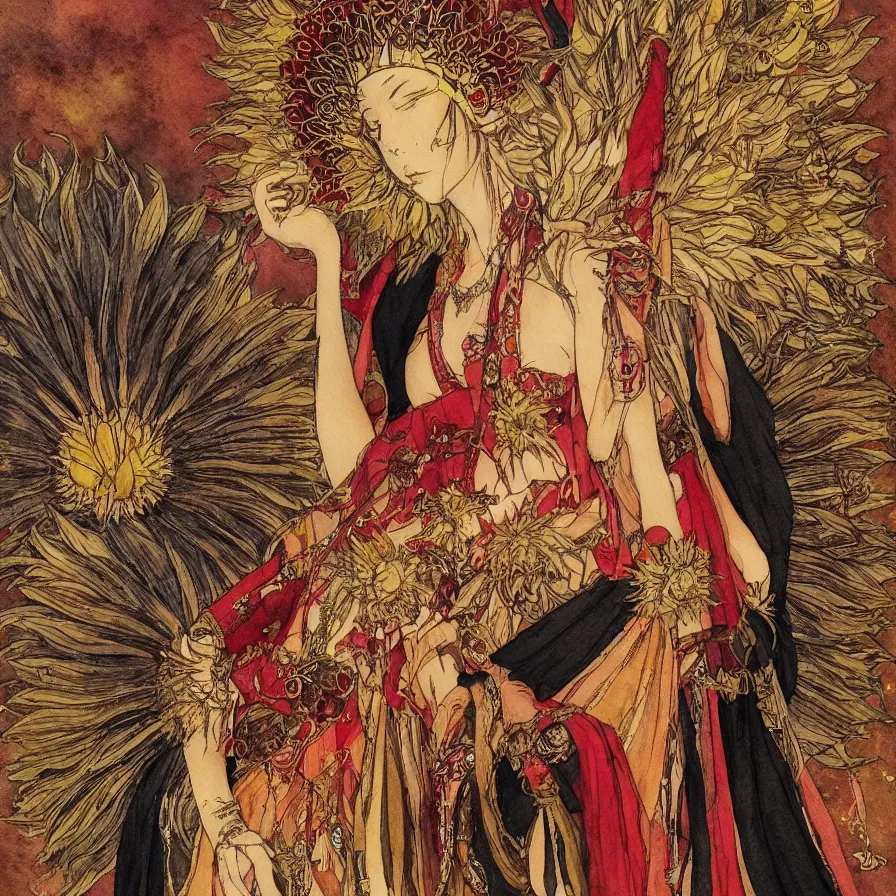 Prompt: watercolor, final fantasy character design, east-asian queen-goddess wearing a shiny golden sunflower crown and a divine black and brown dress, character portrait, angelic, shrouded in soft red smoke, harry clarke artwork