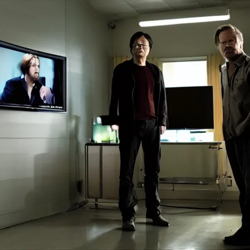 Image similar to Hideo Kojima and Christopher Nolan watch Breaking Bad on a TV