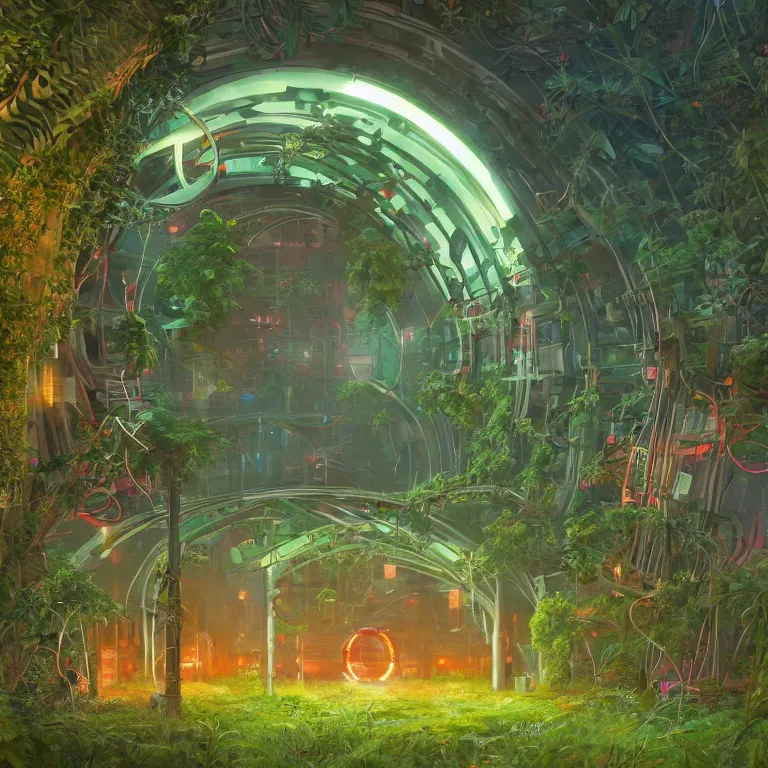 Prompt: a circle portal structure built out of plants, curves, arches, bright cyberpunk glow, epic surrealism, forest green, orange, lime green, dull red, pale blue, Detailed digital matte painting in the style of simon stalenhag and Greg Hildebrandt artstation