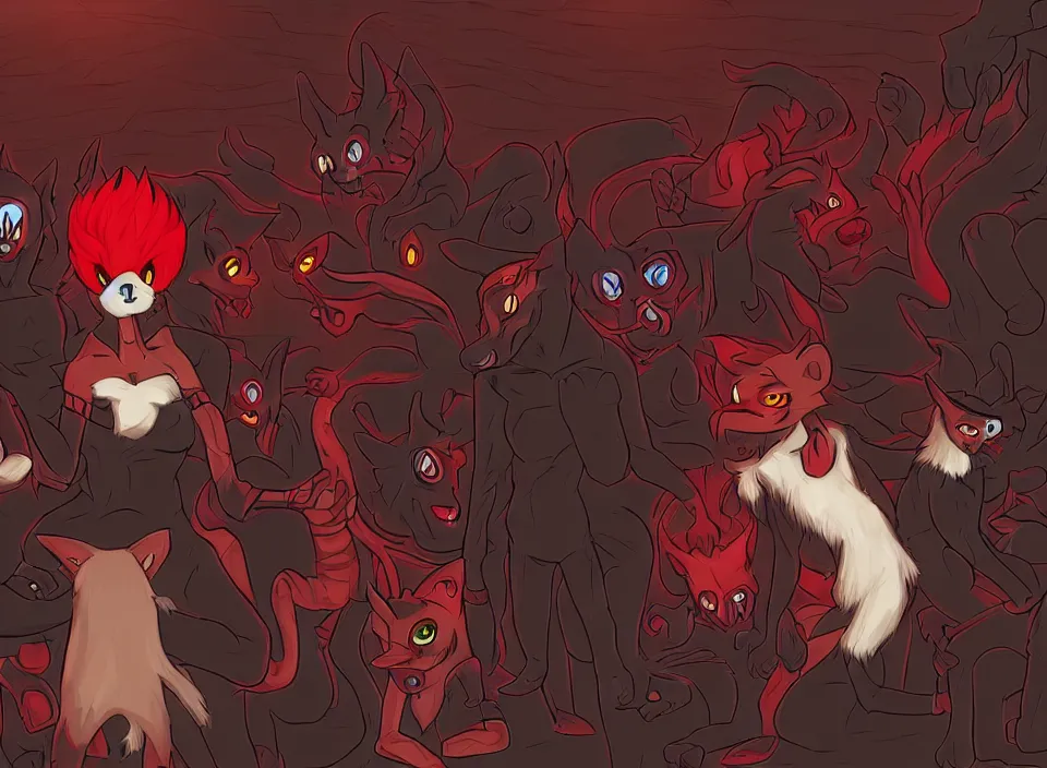 Image similar to furry - red - black - weasel - necromancer - fursona uhd ue 5 visual novel pc game expressions