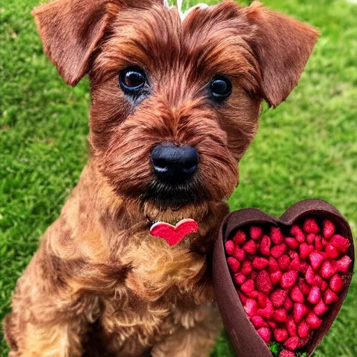 Image similar to a heart shaped brown yorkshire dog made of chocolate and strawberries, art